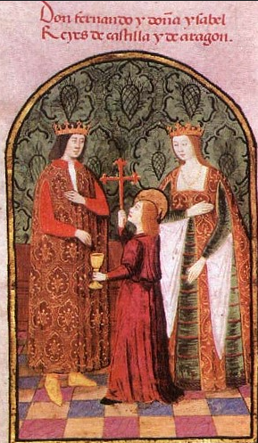 This painting depicts King Ferdinand and Queen Isabella of Spain with one of their daughters, presumably Juana. The painting is arched with a pink background and red text in Spanish. 