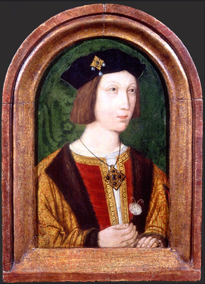 A miniature bust portrait of Prince Arthur Tudor in a arched wooden frame. He is wearing a gold and red tunic with a large amulet, and a black hat. The portrait has a green background. 