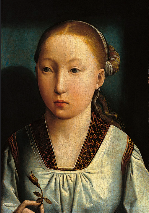 Catherine of Aragon as a child. She has golden hair and a slightly sad expression. She wears a white dress with gold and black embellishments and she holds a flower in the early stages of blooming. 