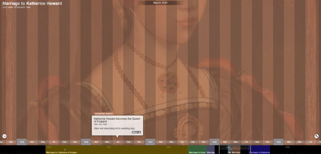 An image of the prototype timeline, showing a span with Katherine Howard's face and an event stating "Katherine Howard becomes the Queen of England" 28th July 1540, including a filler text. The timeline is color coded and warm brown represents Howard. 