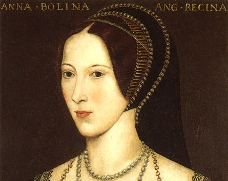 A cropped image of a famous portrait of a Tudor woman, believed to be Anne Boleyn, painted after her death from a Holbein sketch.