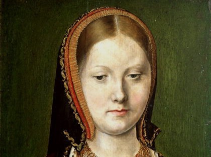 This is a portrait of a young Catherine of Aragon, likely before she ascended the English throne. It is believed to be a copy of the Sittow portrait.