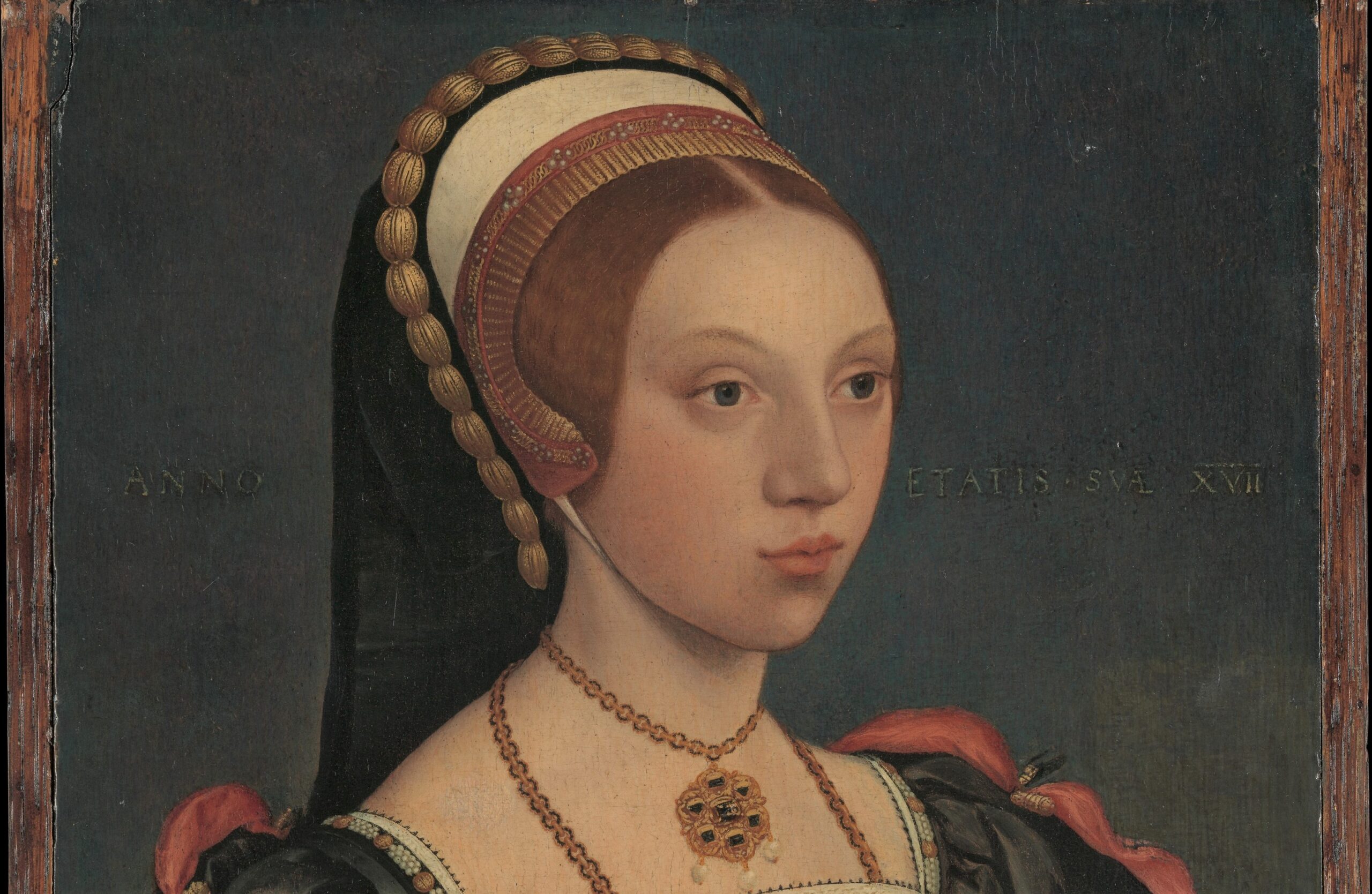 This portrait, while unconfirmed, is commonly believed to be a painting of Katherine Howard painted by Hans Holbein the Lesser.