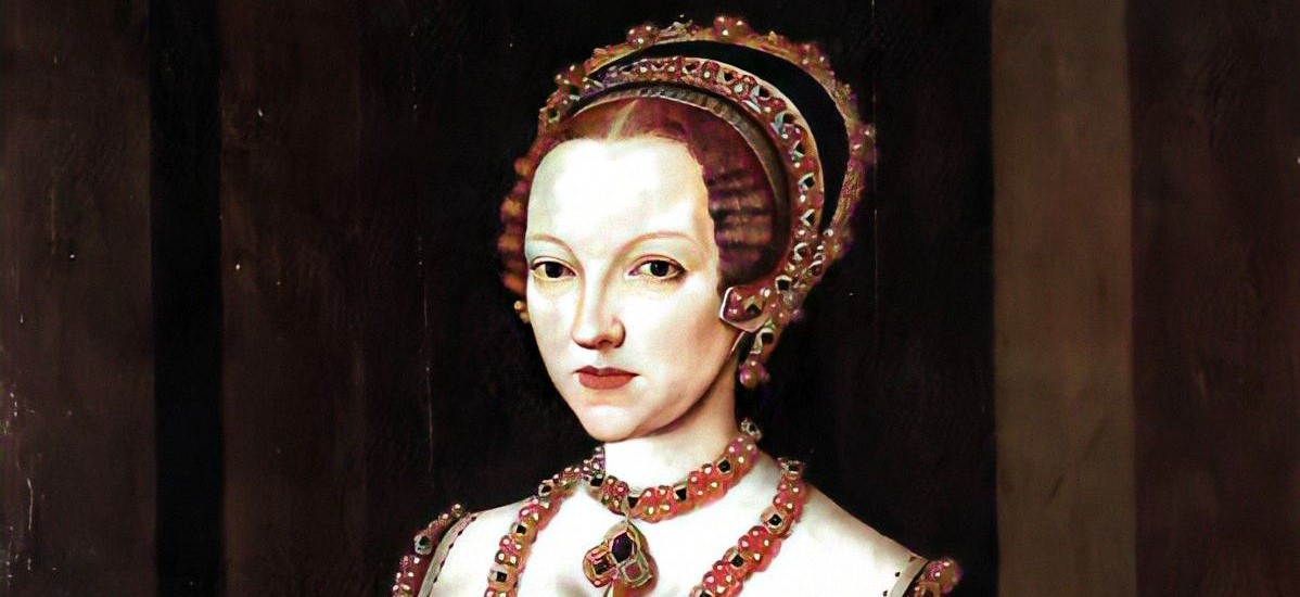 A portrait of Katherine Parr, potentially painted by Master John, c 1540s. This portrait was previously identified as Lady Jane, but has since been believed to be Katherine Parr.