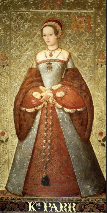 A portrait of Katherine Parr wearing a long silver and red dress. 