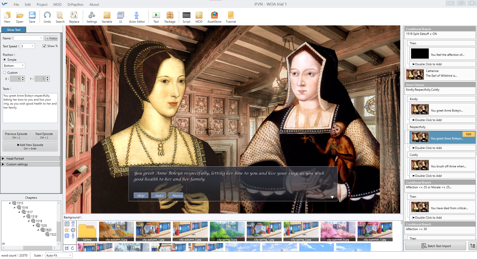 A screenshot of the iFVN software showing a scene where Catherine allows Anne Boleyn to kiss her ring. 